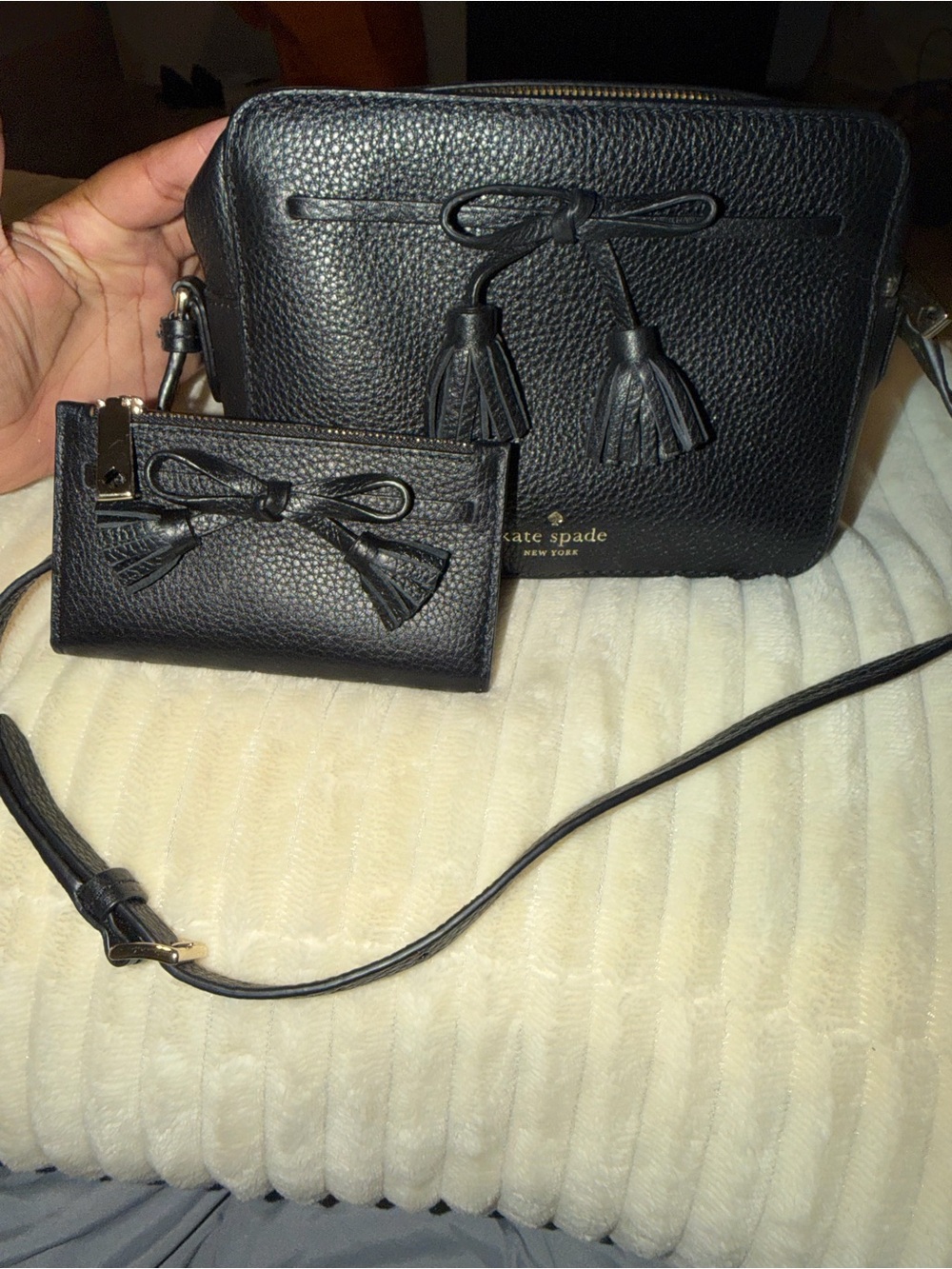 kate spade Black Pebbled Leather Tassel Crossbody and wallet set